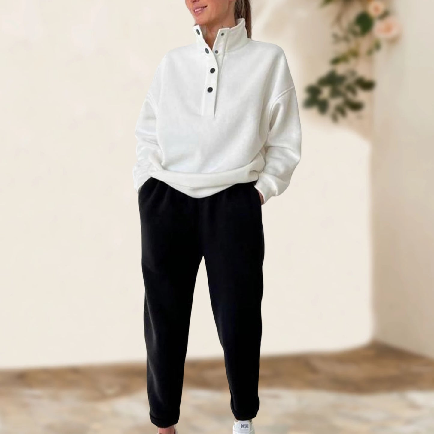Vintage Vrouwen Opstaande Kraag Sweatshirt Joggingbroek Trendy Pullover Sweatbroek Set Effen Kleur Casual Eenvoudige Trainingspak Set