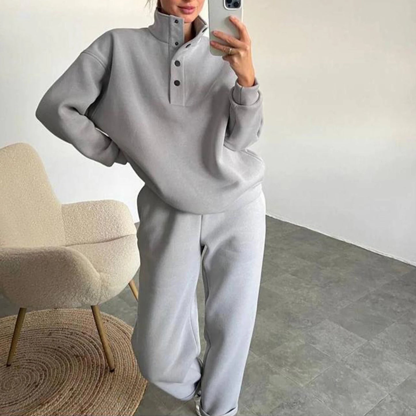 Vintage Vrouwen Opstaande Kraag Sweatshirt Joggingbroek Trendy Pullover Sweatbroek Set Effen Kleur Casual Eenvoudige Trainingspak Set