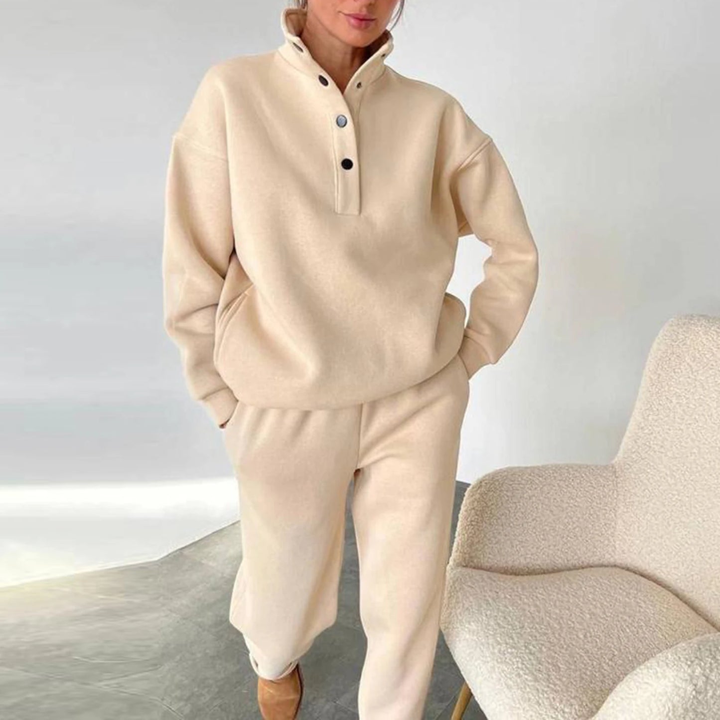 Vintage Vrouwen Opstaande Kraag Sweatshirt Joggingbroek Trendy Pullover Sweatbroek Set Effen Kleur Casual Eenvoudige Trainingspak Set