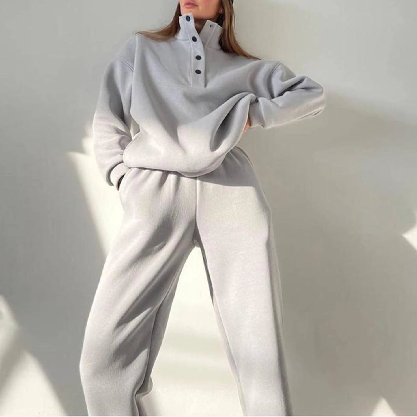 Vintage Vrouwen Opstaande Kraag Sweatshirt Joggingbroek Trendy Pullover Sweatbroek Set Effen Kleur Casual Eenvoudige Trainingspak Set