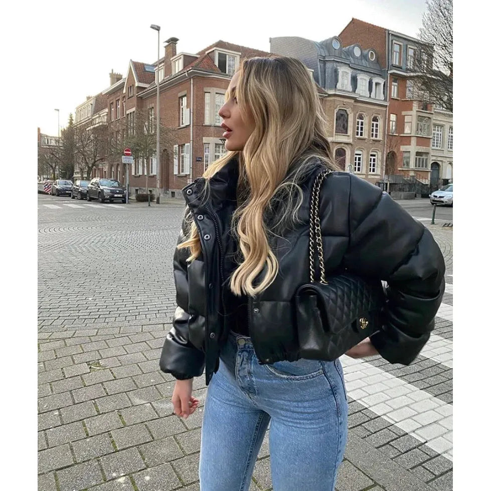 Leren Cropped Puffer Jas