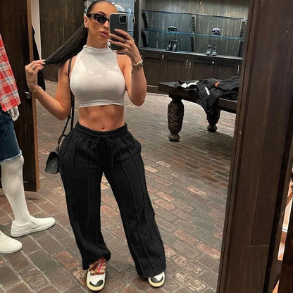 Houzhou Zwarte Joggingbroek Vrouwen Hippie Baggy Gestreepte Geplooide Broek Vintage Esthetische Patchwork Joggers Casual Sportbroek