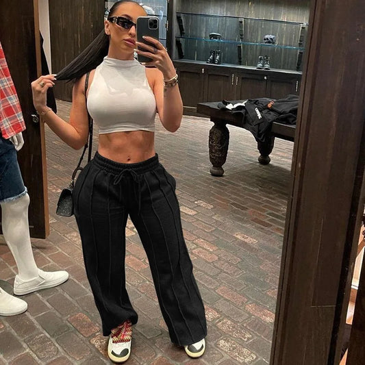 Houzhou Zwarte Joggingbroek Vrouwen Hippie Baggy Gestreepte Geplooide Broek Vintage Esthetische Patchwork Joggers Casual Sportbroek
