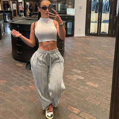 Houzhou Zwarte Joggingbroek Vrouwen Hippie Baggy Gestreepte Geplooide Broek Vintage Esthetische Patchwork Joggers Casual Sportbroek