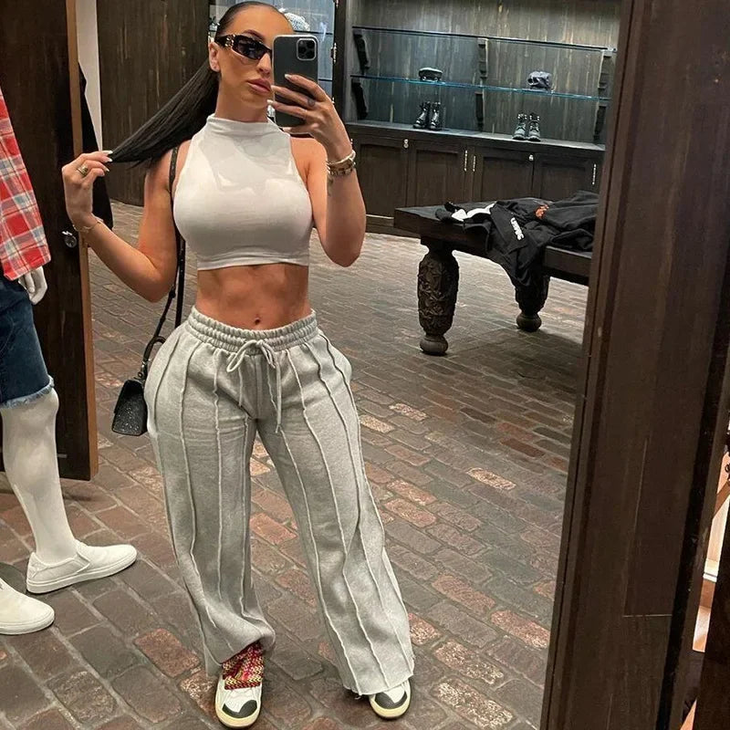 Houzhou Zwarte Joggingbroek Vrouwen Hippie Baggy Gestreepte Geplooide Broek Vintage Esthetische Patchwork Joggers Casual Sportbroek