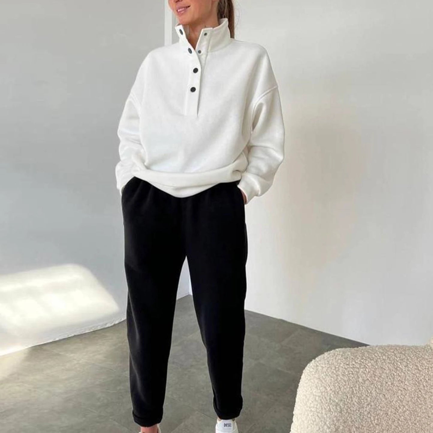 Vintage Vrouwen Opstaande Kraag Sweatshirt Joggingbroek Trendy Pullover Sweatbroek Set Effen Kleur Casual Eenvoudige Trainingspak Set